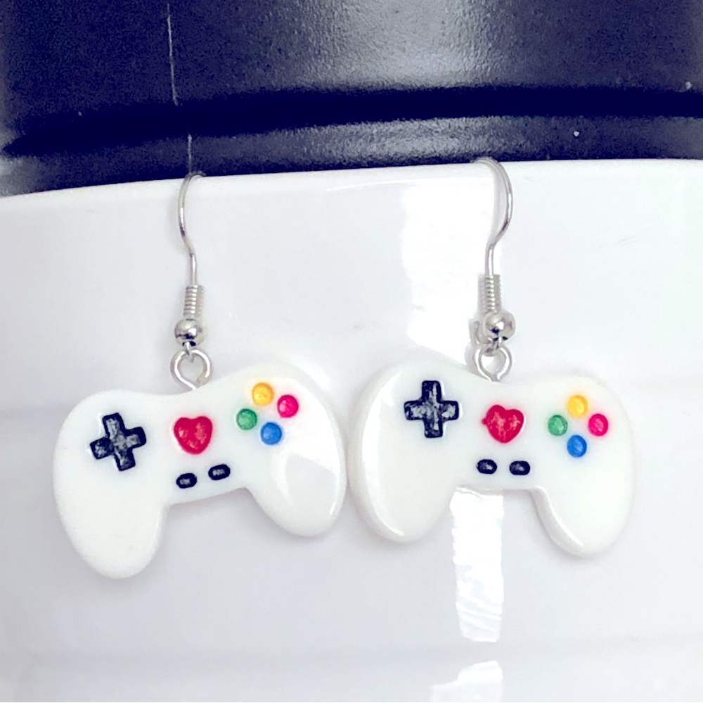 New Gaming Console Controller Dangle Drop Earrings Tech Gamer Gift White PS4 PS3